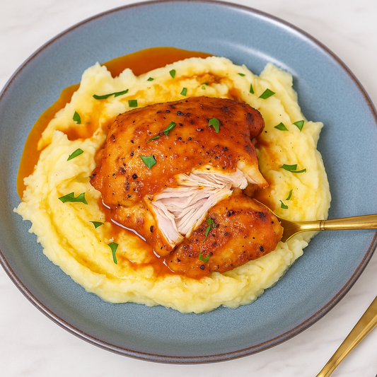 Golden roasted chicken thighs with crispy skin served with creamy mashed potatoes